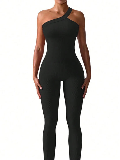 Women Ribbed One Shoulder Yoga Jumpsuit Workout One-Piece Sport - black / M