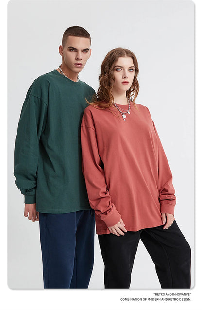 ZODF Retro Autumn Full Sleeve Washed 100% Cotton T-Shirts For Men Unisex Solid Casual Loose 310gsm Tee Brand Tops HY0405