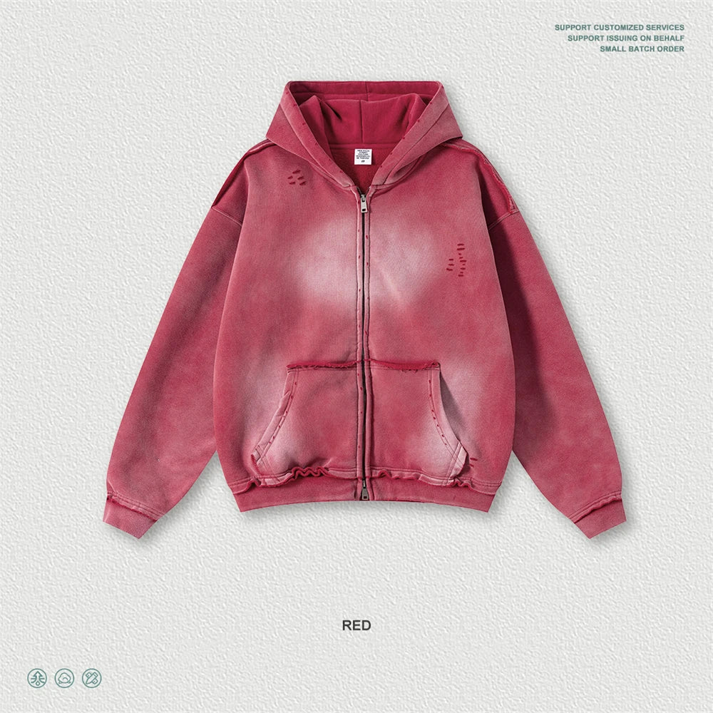 ZODF Retro Winter Men 400gsm Monkey Washed Zipper Hoodie Unisex High Street Loose Edge Ripped Distressed Hooded Pullovers HY1117