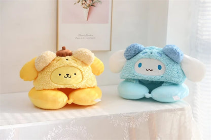 Stuffe Anime Hooded U-shaped Neck Pillow Hello Kitty Kuromi My Melody Travel Blackout Neck Pillow Office Nap Pillow Girl