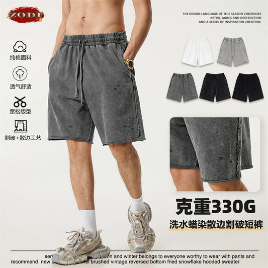ZODF Retro 2025 Summer High Street Cotton Shorts Unisex Vintage Washed 310gsm Holes Distressed Shorts Brand Streetwears HY0985