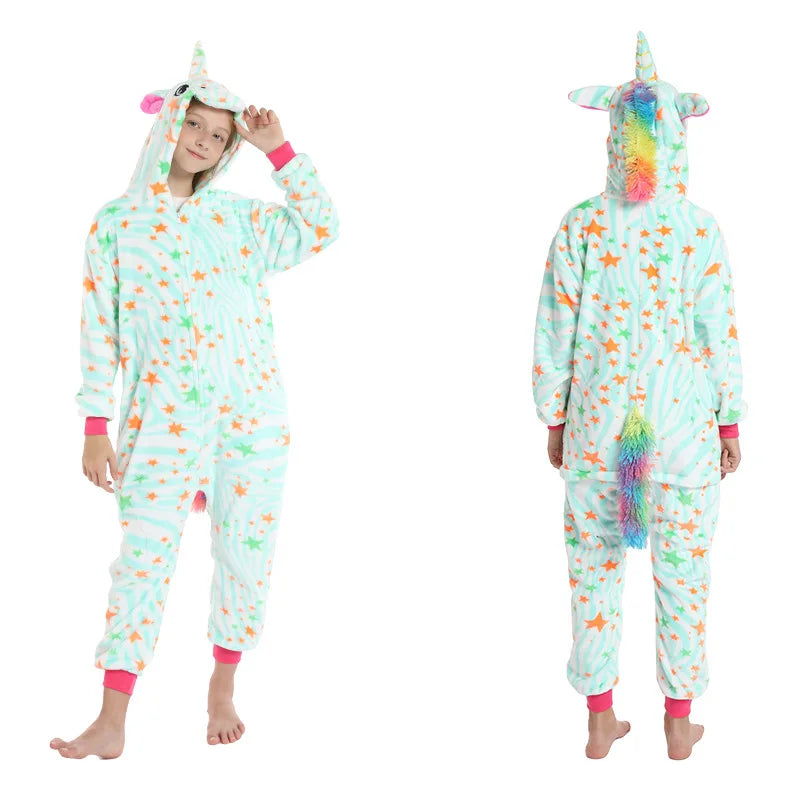 Kigurumi Kids Unicorn Fox Pajamas Winter Soft Warm Toddler Boy Jumpsuit Teen Girl Pijamas Zipper Hooded Animal Cosplay Costumes