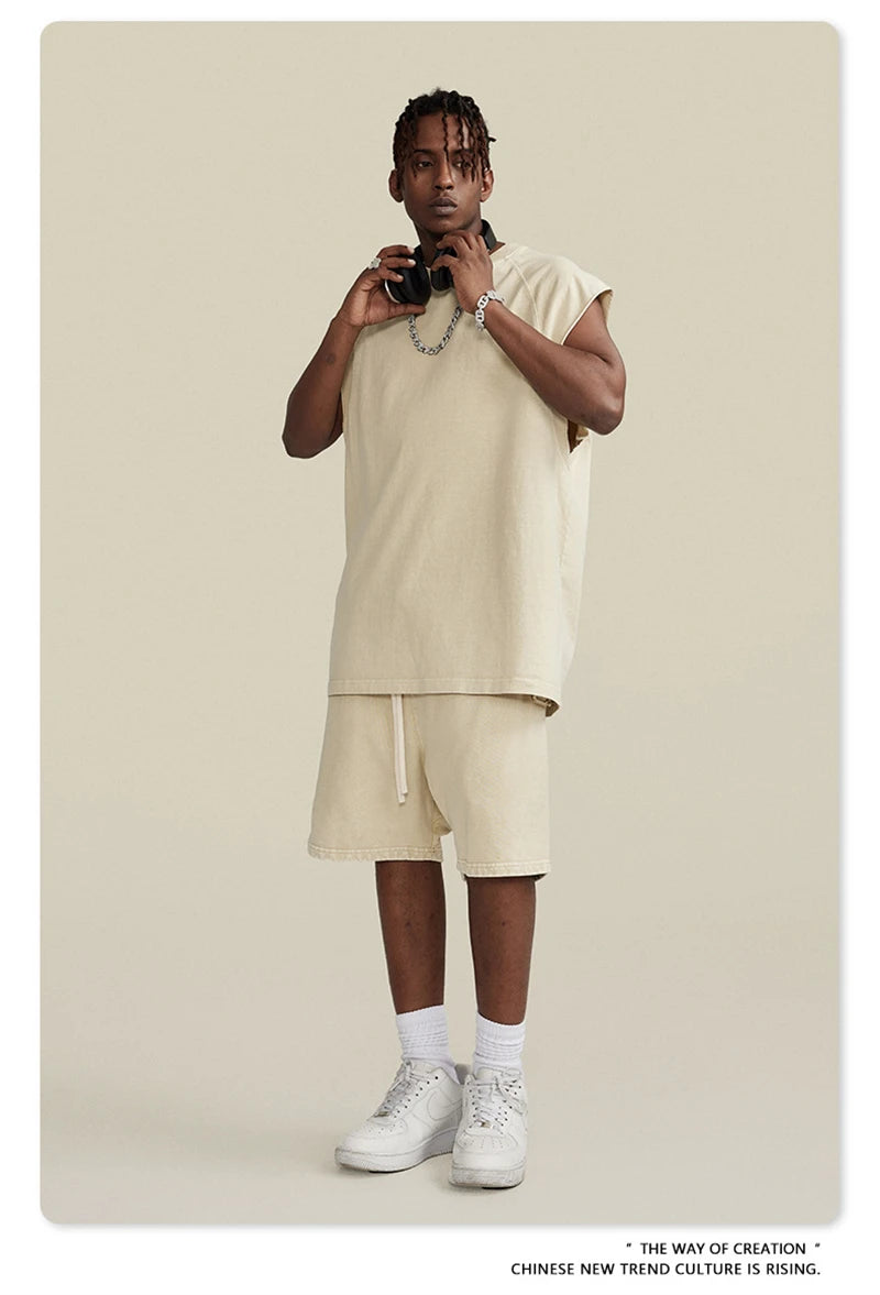 ZODF American Retro Men Washed Solid Tank Tops Women Unisex Loose Edge 275gsm Cotton Sleeveless Tees Brand Streetwears HY0503