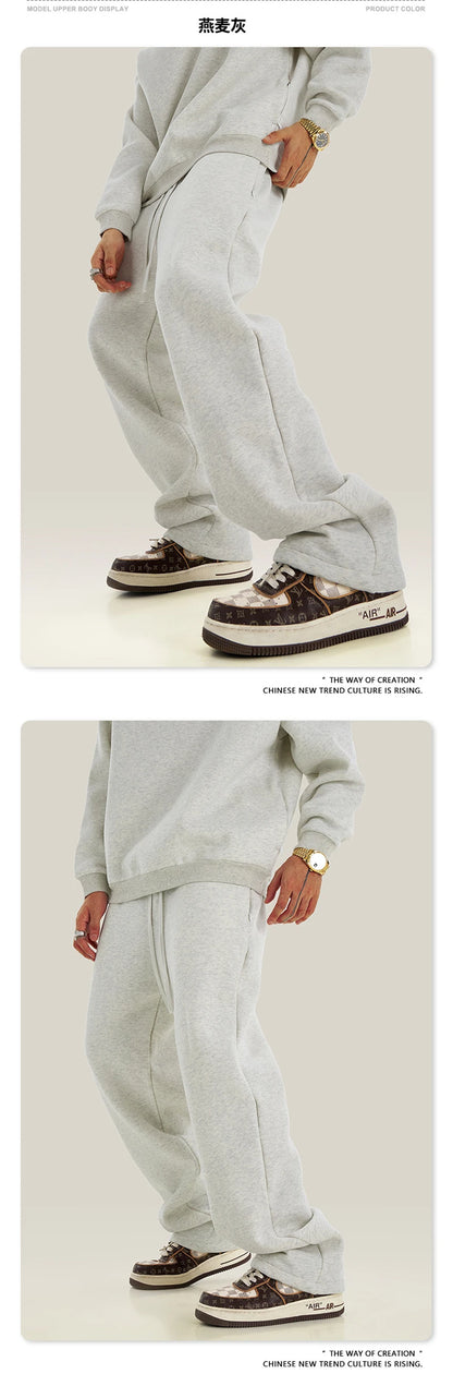 ZODF New Men's Winter Solid 345sm Fleece Straight Pants Unisex Loose Comfortable Sport Zipper Pockets Trousers HY0868