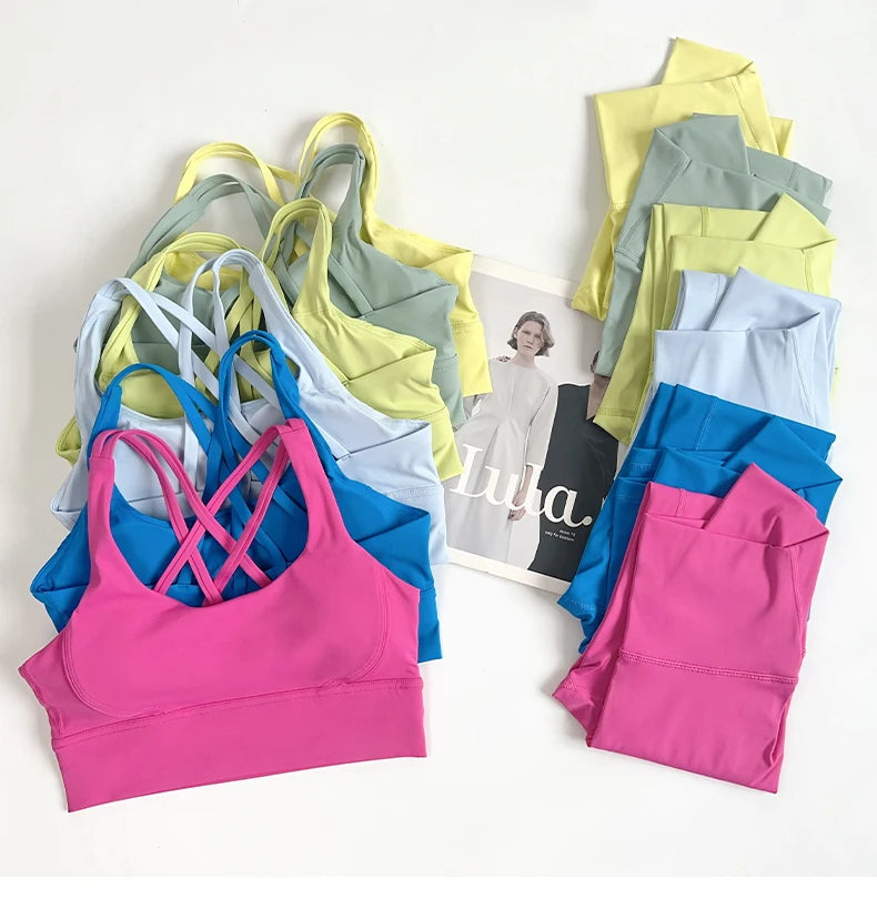 2 Pieces Yoga Set Women Gym Set Workout Clothes Sports Suits High Waist Leggings Cross Straps Fitness Bra Top Running Tracksuit