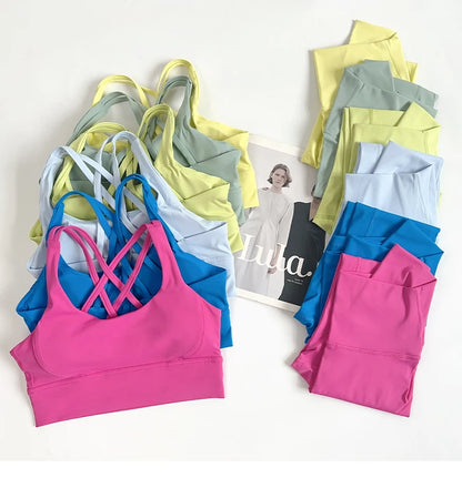 2 Pieces Yoga Set Women Gym Set Workout Clothes Sports Suits High Waist Leggings Cross Straps Fitness Bra Top Running Tracksuit