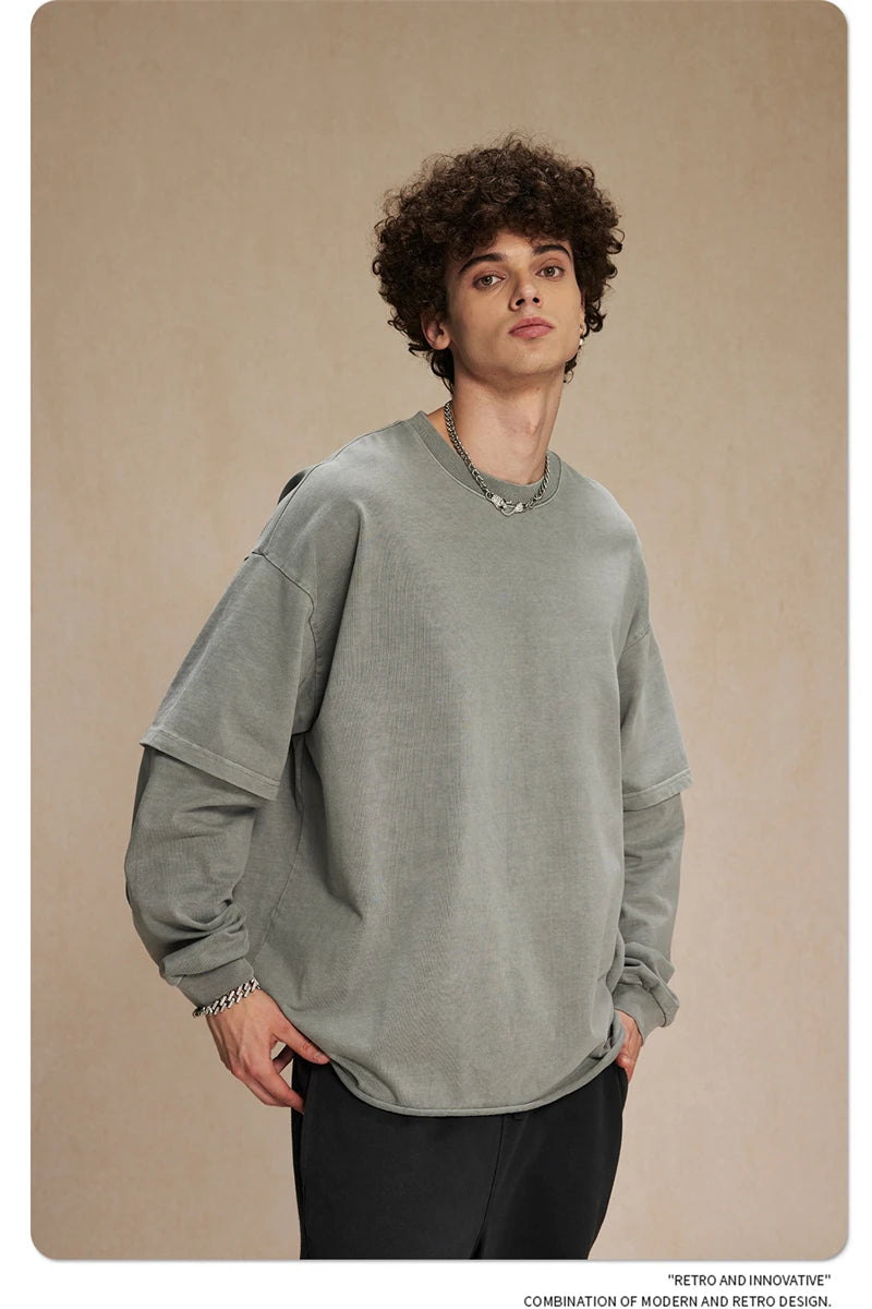 ZODF Retro Autumn Men Washed Cotton T-Shirts Unisex Loose Edge Fake 2-Piece 345gsm Full Sleeve O Neck T Shirt Brand Tops HY0928
