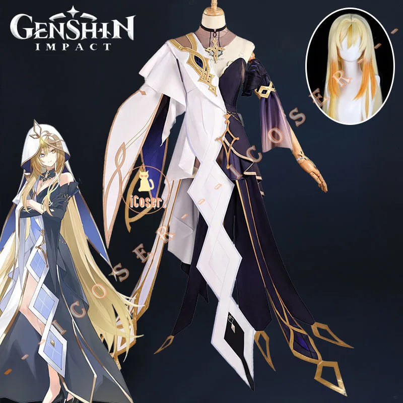 Genshin Impact Rhinedottir Naberius Cosplay Costume Dress Wig Uniform Headwear Four Shades Halloween Party for Women Girls Prop