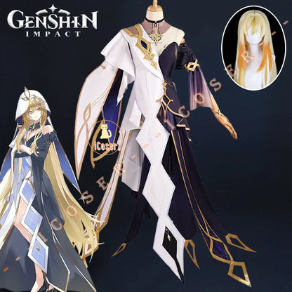 Genshin Impact Rhinedottir Naberius Cosplay Costume Dress Wig Uniform Headwear Four Shades Halloween Party for Women Girls Prop