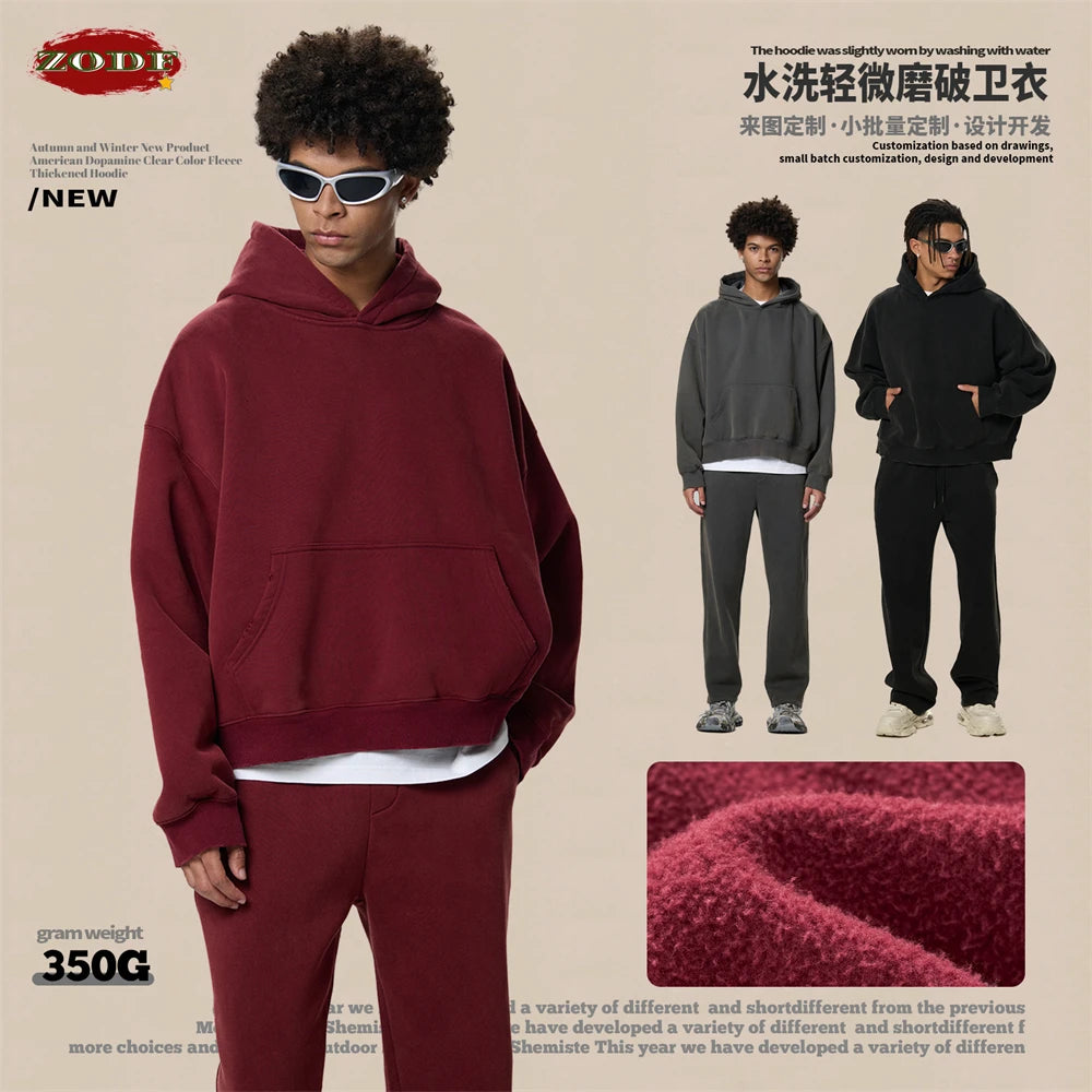 ZODF New 2025 Winter Man 350gsm Washed Fleece Hoodies Unisex Loose Boxy Style Hooded Pullovers Brand Outwears HY0041