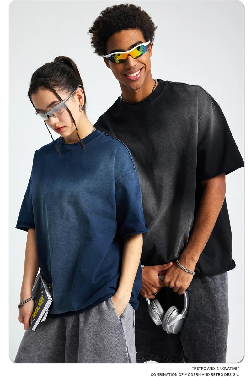 ZODF Retro Summer Men Washed 100% Cotton T-Shirts Unisex High Street Oversized Distressed Broken Neck T Shirt Brand Tees HY1050