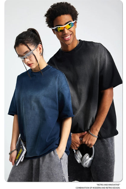 ZODF Retro Summer Men Washed 100% Cotton T-Shirts Unisex High Street Oversized Distressed Broken Neck T Shirt Brand Tees HY1050