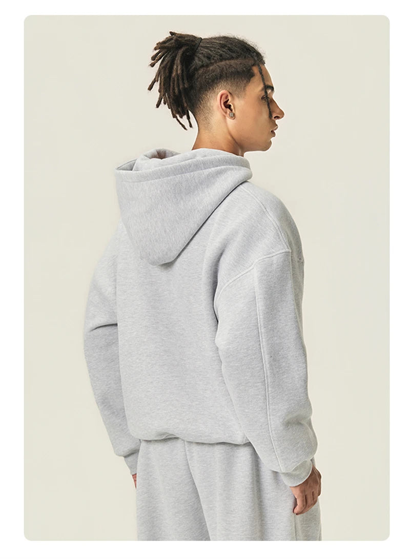 ZODF Trendy Men 350gsm Fleece Loose Boxy Fit Hooded Hoodie Unisex Hip Hop Solid Warm Pullovers Coat For Winter HY0032