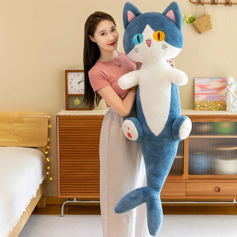 135cm Different Pupil Shark Cat Doll Sleeps with Pillow Girl Sand Sculpture Plush Toy Male Long Striped Leg Clamping Stitch