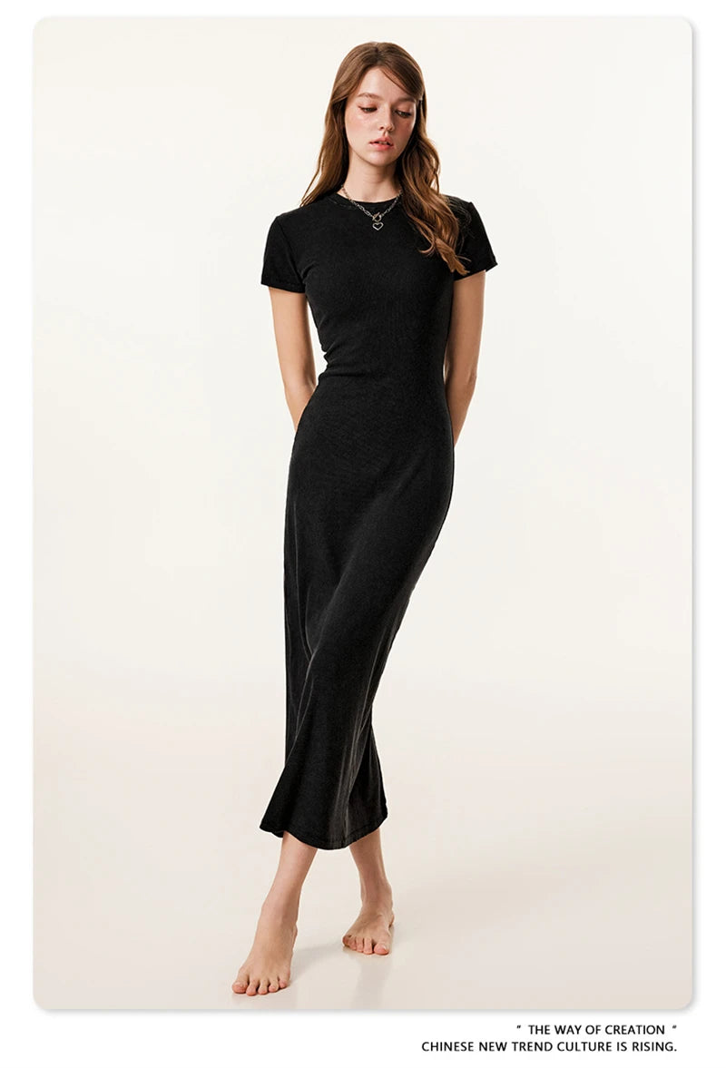 ZODF Sexy 2025 Spring Women 275gsm Long Dress Female Girls O Neck Washed Distressed Slim Slit Fit Dresses HY1008