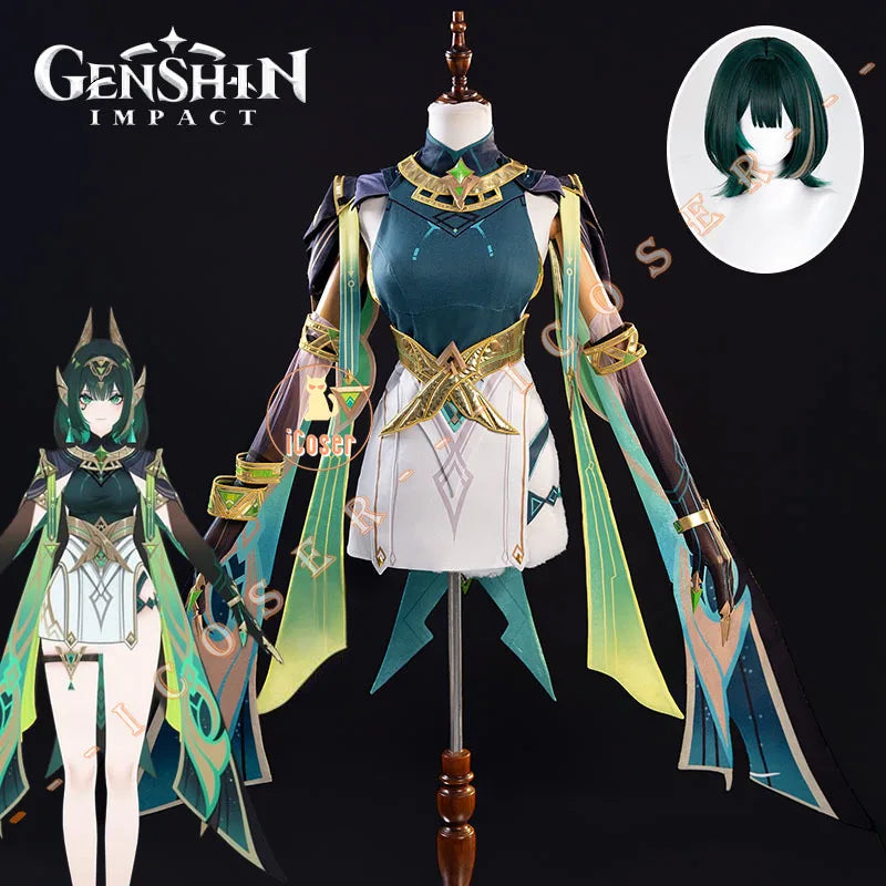 Genshin Impact Nefer Cosplay Costume Wig Dress Uniform Outfit Headwear Carnival Halloween Party for Women Girls Accessory iCoser