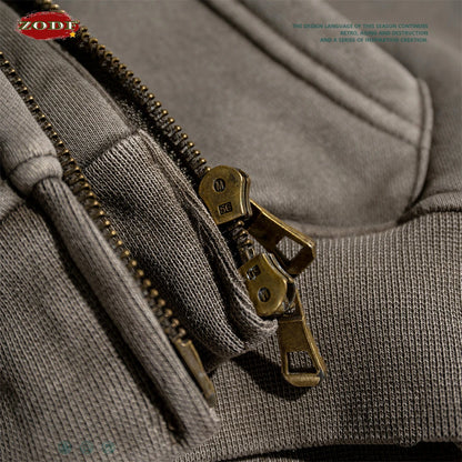 ZODF Retro 2025 Winter Women Short Zipper Hoodies Female Girls Loose 355gsm Thick Fleece Hooded Zip-up Coat Streetwears HY0448