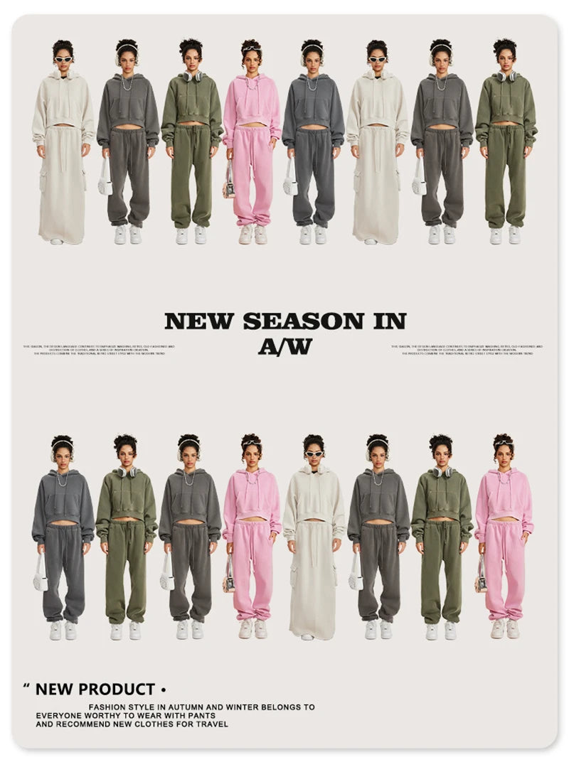 ZODF Women Hotsweet 2025 Winter Washed Fleece Crop Hoodies Girls Oversized Raglan Sleeve 400gsm Hooded Pullovers HY0648