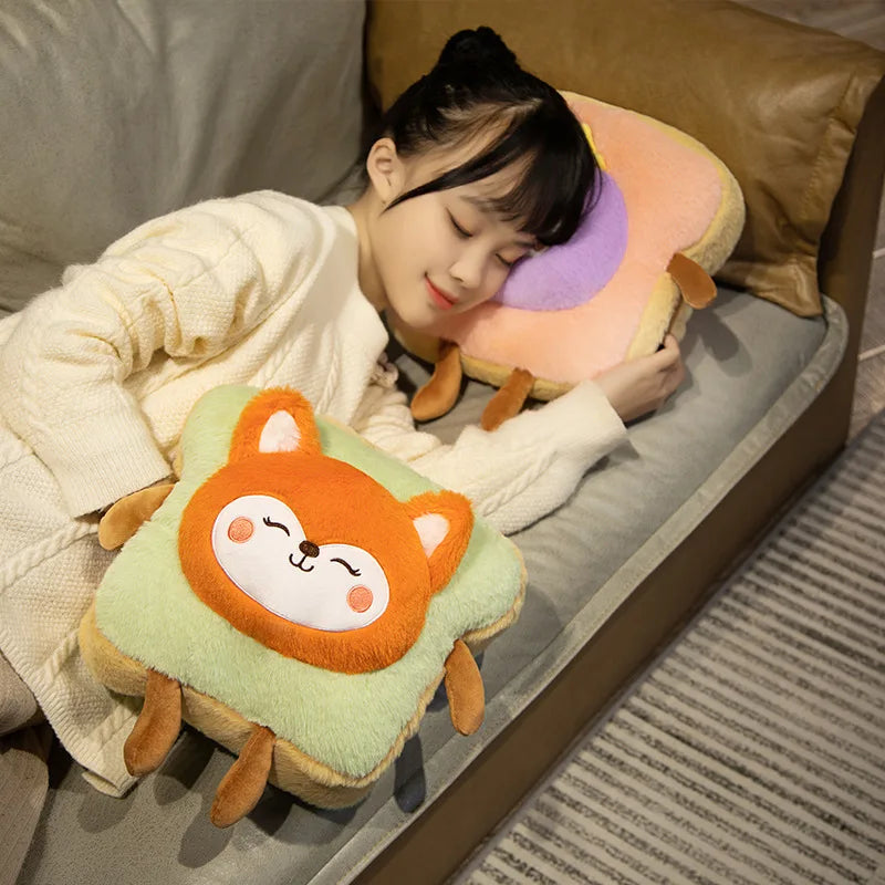 Plush Bread Pillow Kawaii Food Pig Rabbit Fox Toast Soft Doll Hand Warmer Home Decoration Cushion Kids Toys Birthday Gift