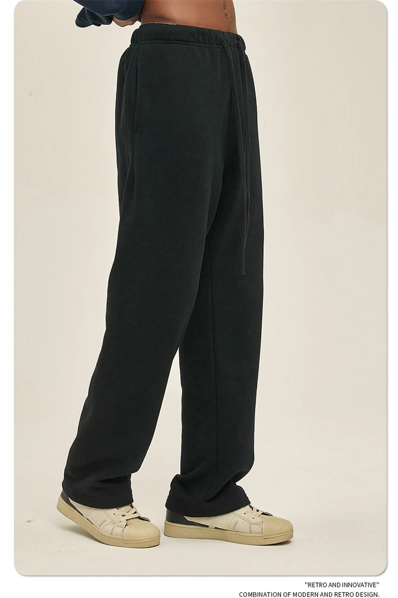 ZODF Fashion 2024 Men Loose Straight Pants Unisex 365gsm Retro Comfortable Sport Solid Drawstring Trousers HY0588