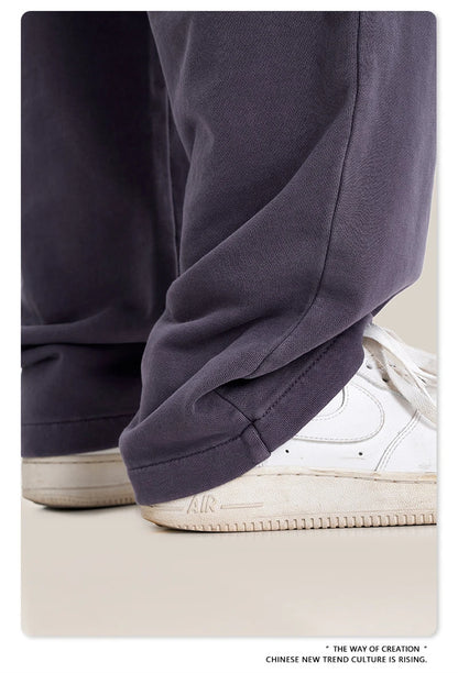 ZODF Retro Men Autumn Washed 380gsm Cotton Unisex High Street Oversized Solid Sport Straight Pants HY0885