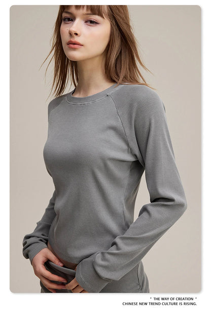 ZODF Sexy Autumn Washed 275gsm Full Sleeve T Shirt For Women Ladies Girls Slim Fit Distressed T-Shirts Tops HY1145