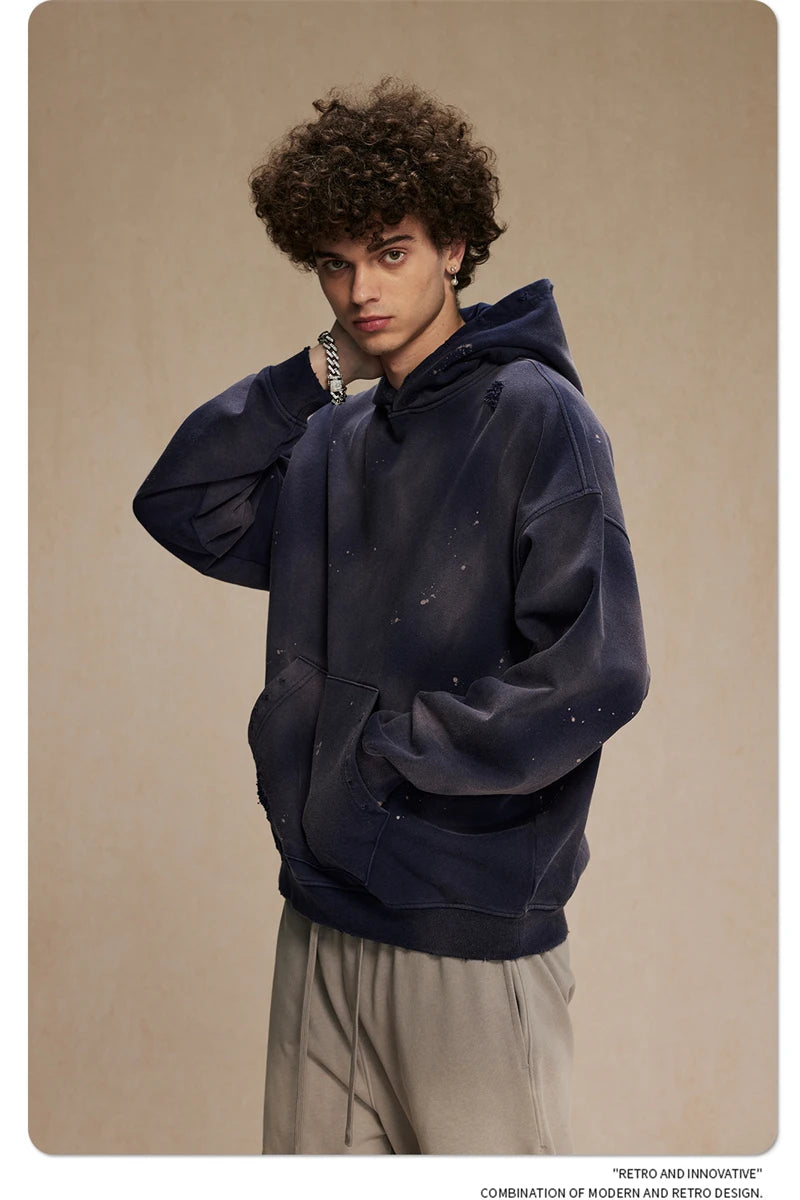 ZODF Autumn Winter Spray Dyeing Ink Splashing Hoodies For Men Unisex 450gsm Washed Oversized Knitted Hooded Pullovers HY0908