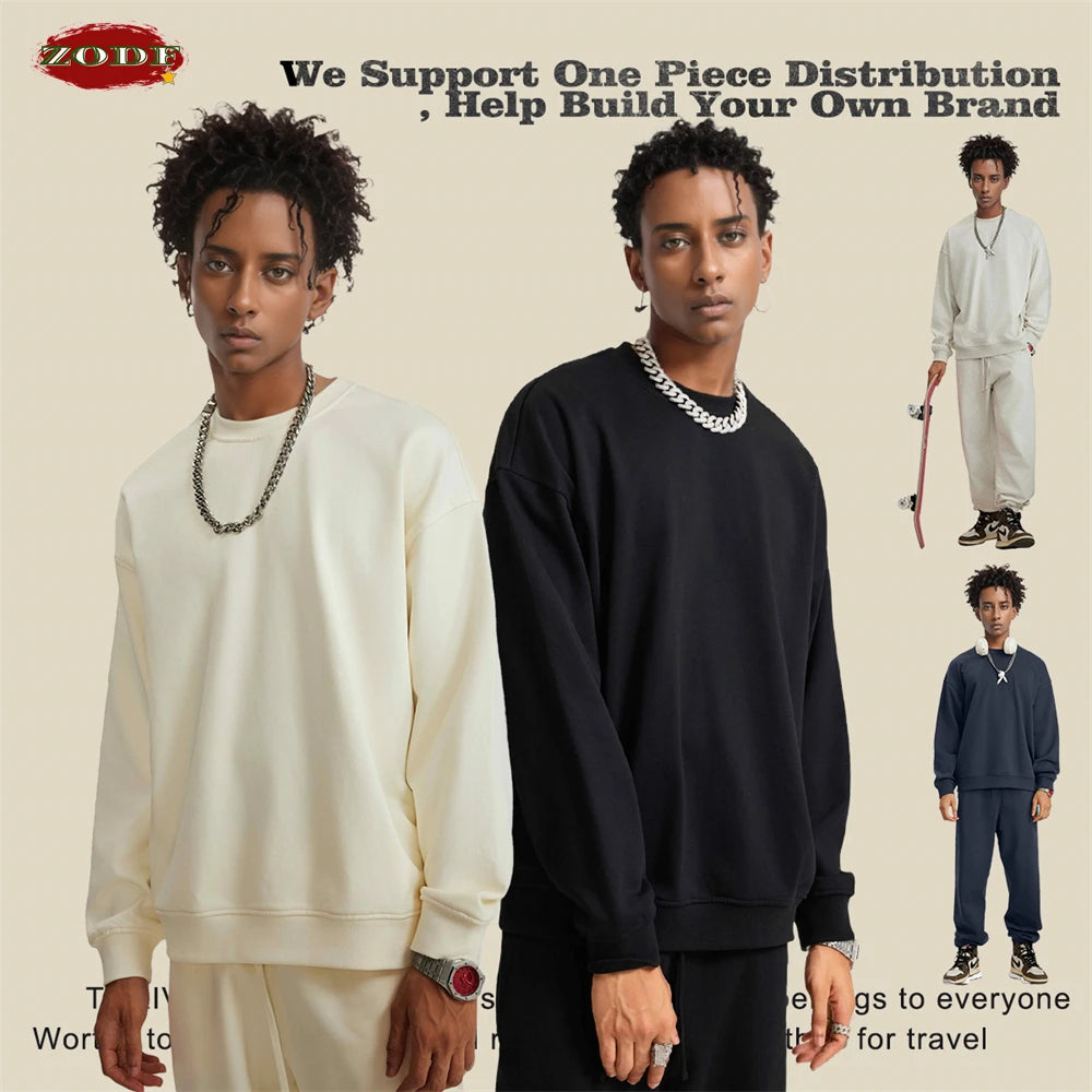 ZODF Fashion Autumn Men Solid 360gsm Sweatshirt Unisex Solid Loose Sport O Neck Pullovers Brand Clothes HY0938
