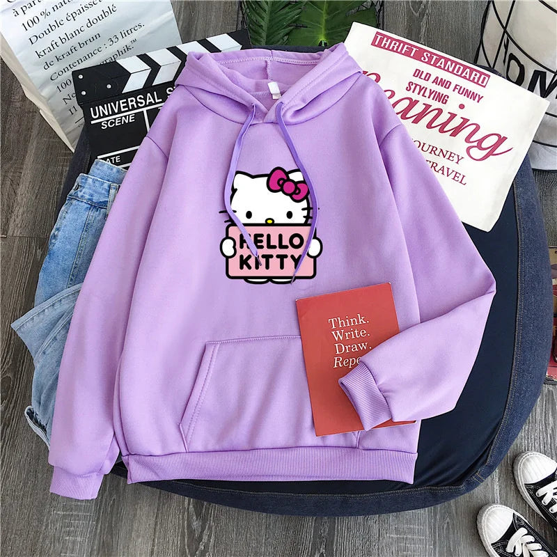 2025 New Casual Women's Sweatshirts Sanrio Hello Kitty Kawaii Tops for Women Cute Hoodies Fashion Harajuku Long Sleeves Plus Siz