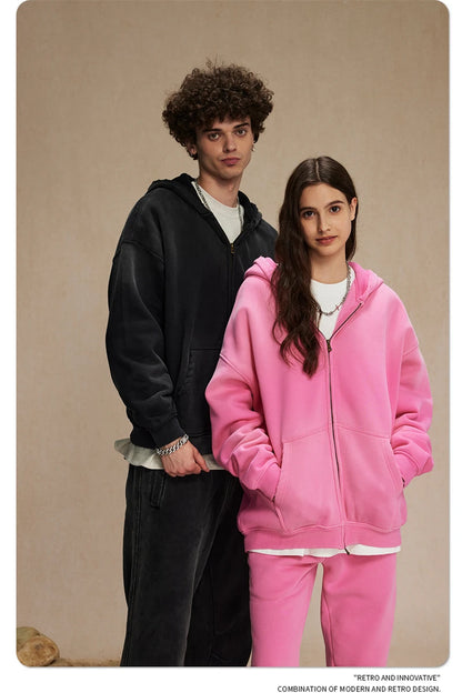 ZODF Retro Winter Men Spray-Dyed Zipper Hoodies Unisex Loose 360gsm Zipper Fleece Hooded Sweatshirt Pullovers Coats HY0719