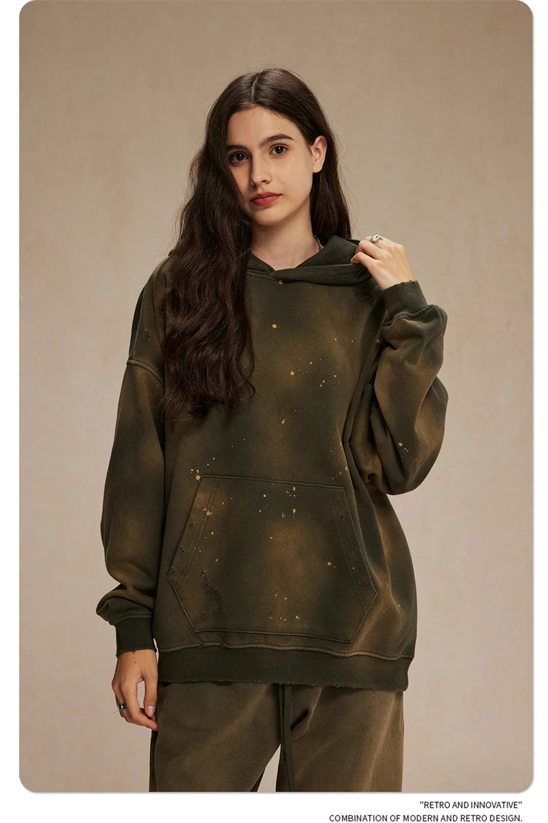 ZODF Autumn Winter Spray Dyeing Ink Splashing Hoodies For Men Unisex 450gsm Washed Oversized Knitted Hooded Pullovers HY0908