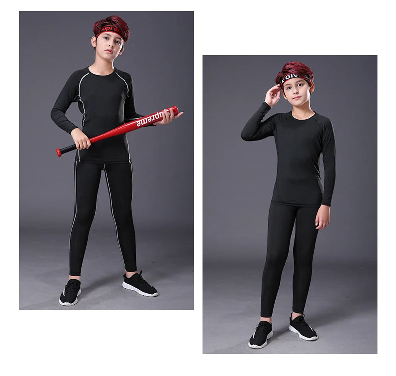 Kids Fitness Tracksuits Youth Warm Compression Pants and Tops Sportswear for Boys Running Basketball