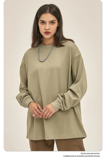 ZODF New 2025 Autumn Men 305gsm 100% Cotton T Shirt Unisex Loose Heavy Weight Basic Long Sleeve Solid T-Shirts Tops HY0634