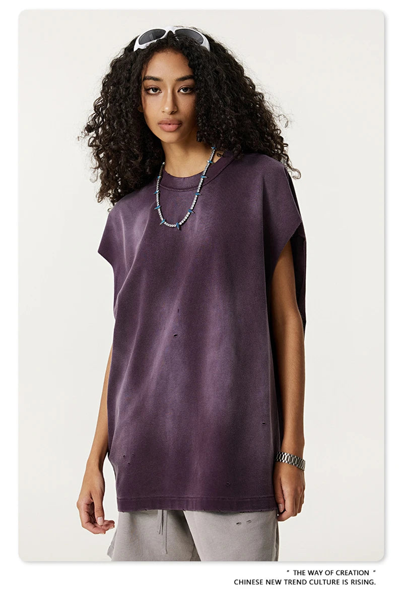 ZODF 2025 Summer 285gsm Washed Tank Tops For Men Unisex American Retro Cut Distressed Oversized Sleeveless TEE Vest HY1006