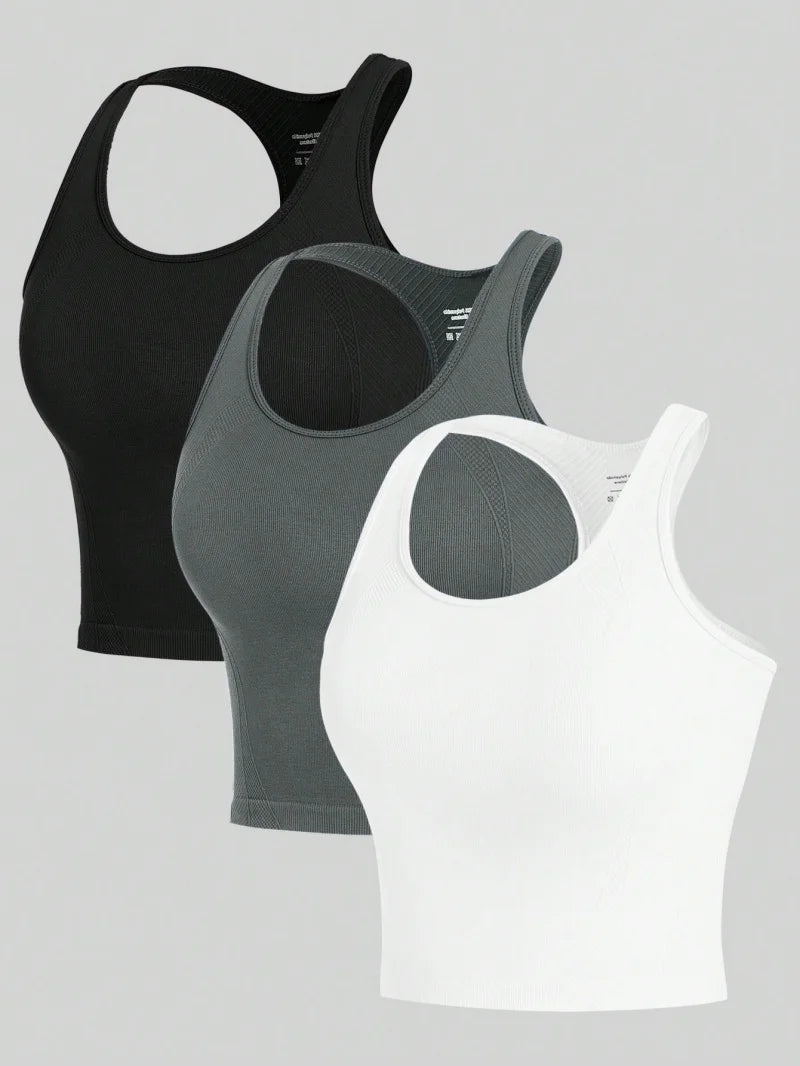 3 Piece Women’s Yoga Vest Set Seamless Racerback Crop Tops Rib Knit Breathable Workout Tank Top