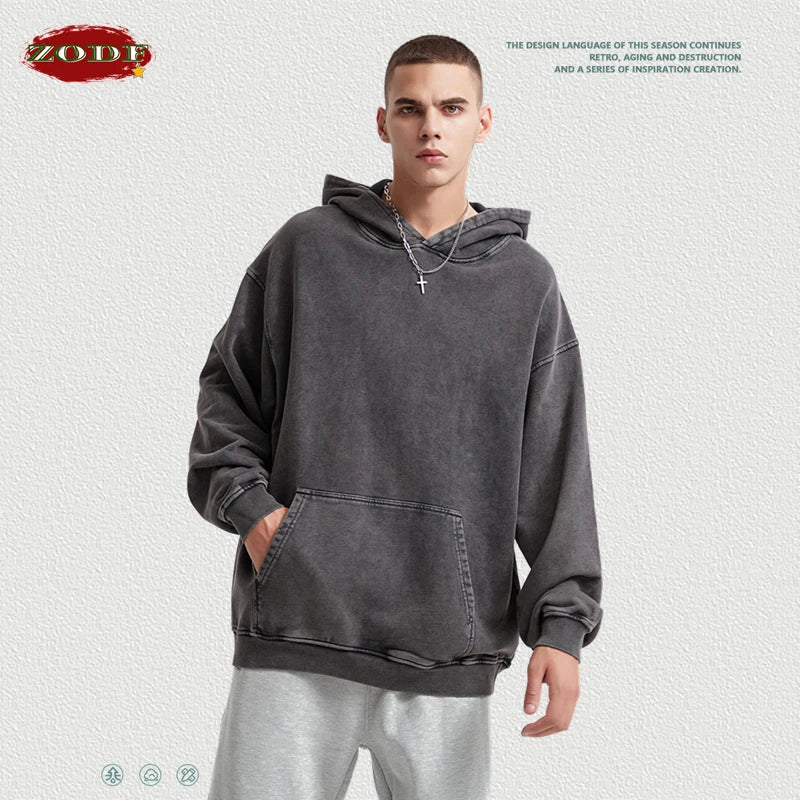 ZODF Autumn Winter Men 420gsm Heavyweight Washed Cotton Hoodie Streetwear Sweatshirt HY0307