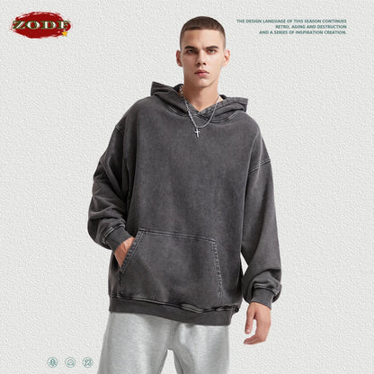 ZODF Autumn Winter Men 420gsm Heavyweight Washed Cotton Hoodie Streetwear Sweatshirt HY0307