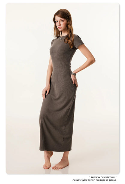 ZODF Sexy 2025 Spring Women 275gsm Long Dress Female Girls O Neck Washed Distressed Slim Slit Fit Dresses HY1008