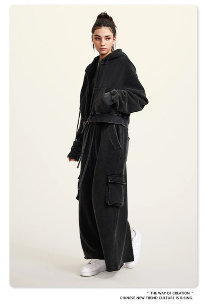 ZODF Retro 2025 Winter Women Short Zipper Hoodies Female Girls Loose 355gsm Thick Fleece Hooded Zip-up Coat Streetwears HY0448