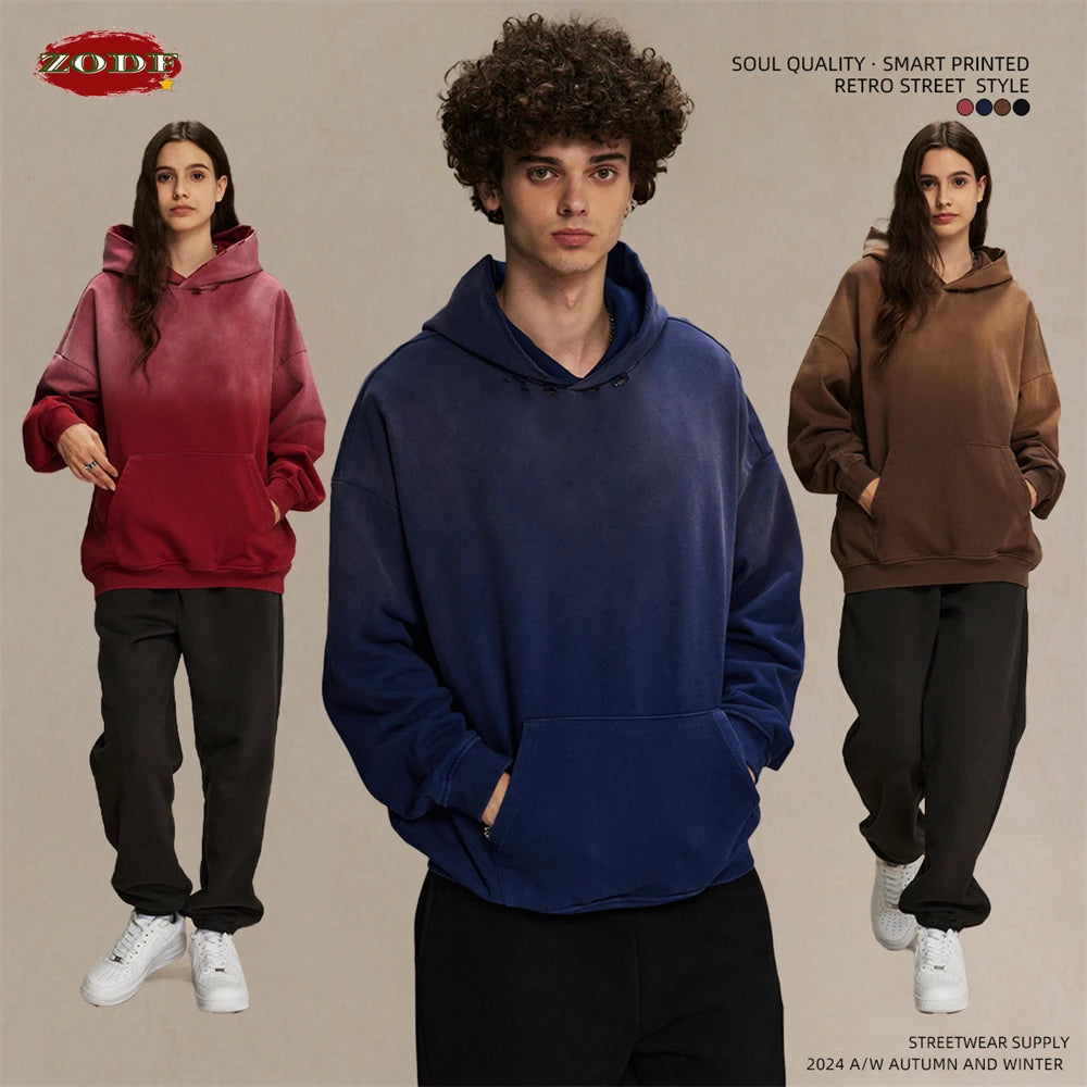 ZODF Retro Men's Heavyweight Gradient Washed Hoodies Unisex Loose Distressed Holes 450gsm Knitted Hooded Pullovers HY0891