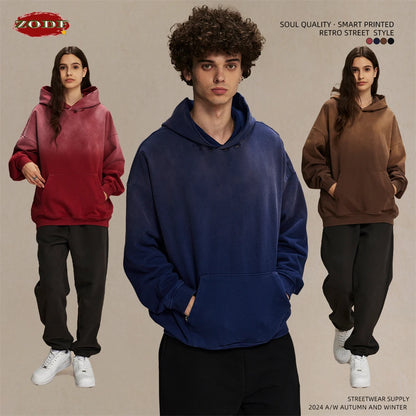 ZODF Retro Men's Heavyweight Gradient Washed Hoodies Unisex Loose Distressed Holes 450gsm Knitted Hooded Pullovers HY0891
