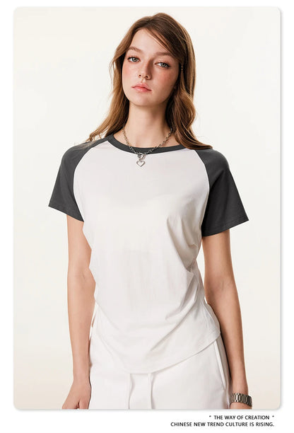 ZODF Hotsweet Summer Women Raglan Sleeve T-Shirts Girls Slim Fit 150gsm Casual Patchwork O Neck T Shirt Brand Tees HY1021