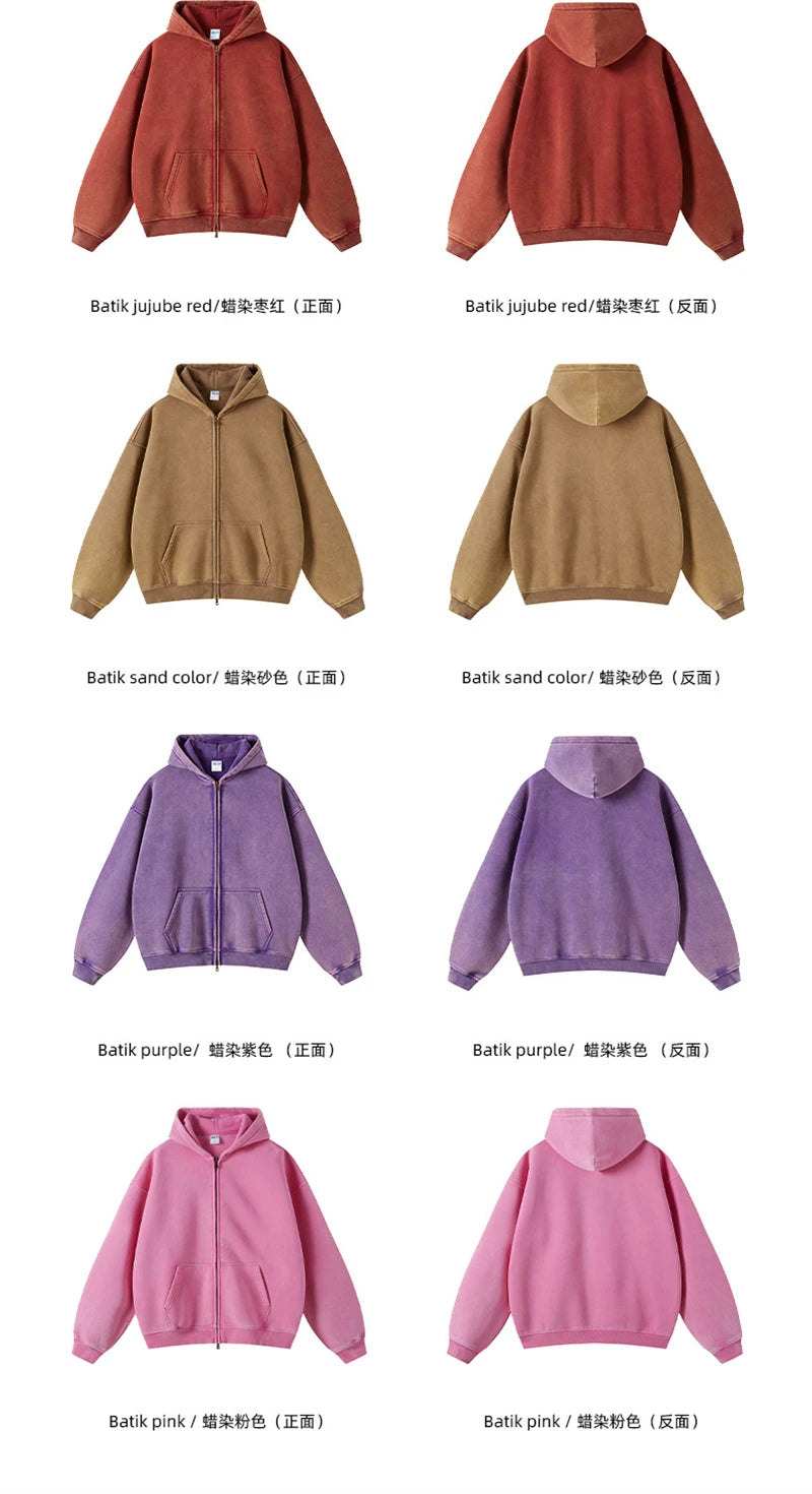 ZODF New Winter Men Batik Washed Zipper Hoodies Women Unisex Loose Thick Warm 360gsm Fleece Hooded Coat Sweatpants Set HY0713