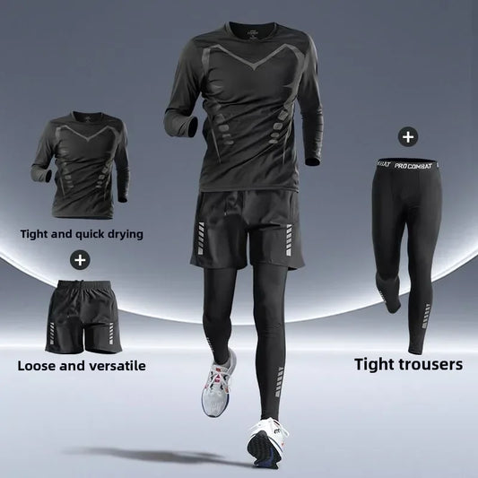 Men’s Sports Suits Fitness Clothes Tight-Fitting Quick-Drying Running Cycling Training Apparel for Autumn Night Workouts