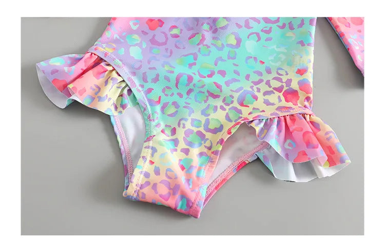 Toddler Girls Swimsuit with Sun Hat Set 1 to 2 3 4 5 6 Years Leopard Ruffle Sleeve Zip Up One-pieced Swimwear Beachwear for Baby