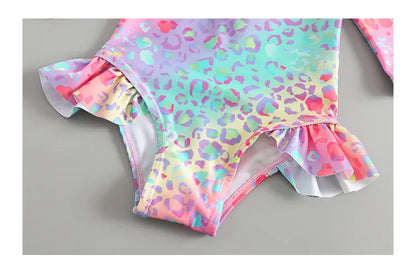 Toddler Girls Swimsuit with Sun Hat Set 1 to 2 3 4 5 6 Years Leopard Ruffle Sleeve Zip Up One-pieced Swimwear Beachwear for Baby