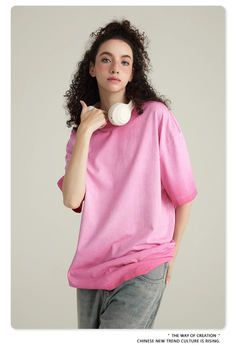 ZODF 2023 Men's Summer 255G Wash Gradient Fried Cotton T Shirt Round Neck Short Sleeve American Retro Loose T-Shirt HY0547