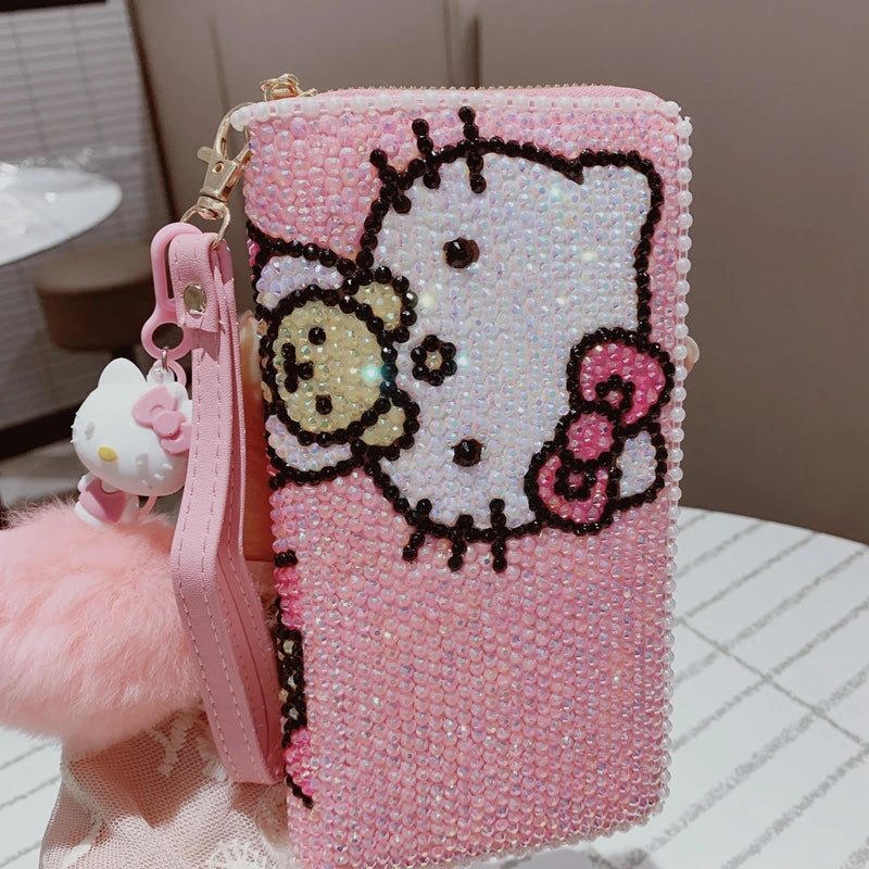 New Sanrio Cute Full Diamond Hello Kitty Wallet Sticker Full Diamond Lady Girl Heart Long Zipper Wallet Mobile Bag