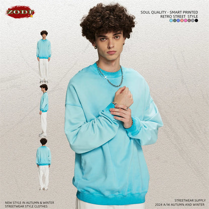 ZODF 2024 Autumn Men's Washed Sweatshirt Unisex Women Retro Solid 430gsm Terry Cotton O Neck Pullovers Coat HY0880