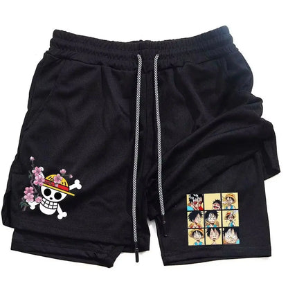 One Piece Luffy Anime Men Gym Shorts Summer Cartoon Print Quick Dry Streetwear Fashion Double-layer Sports Pants Men's Clothing